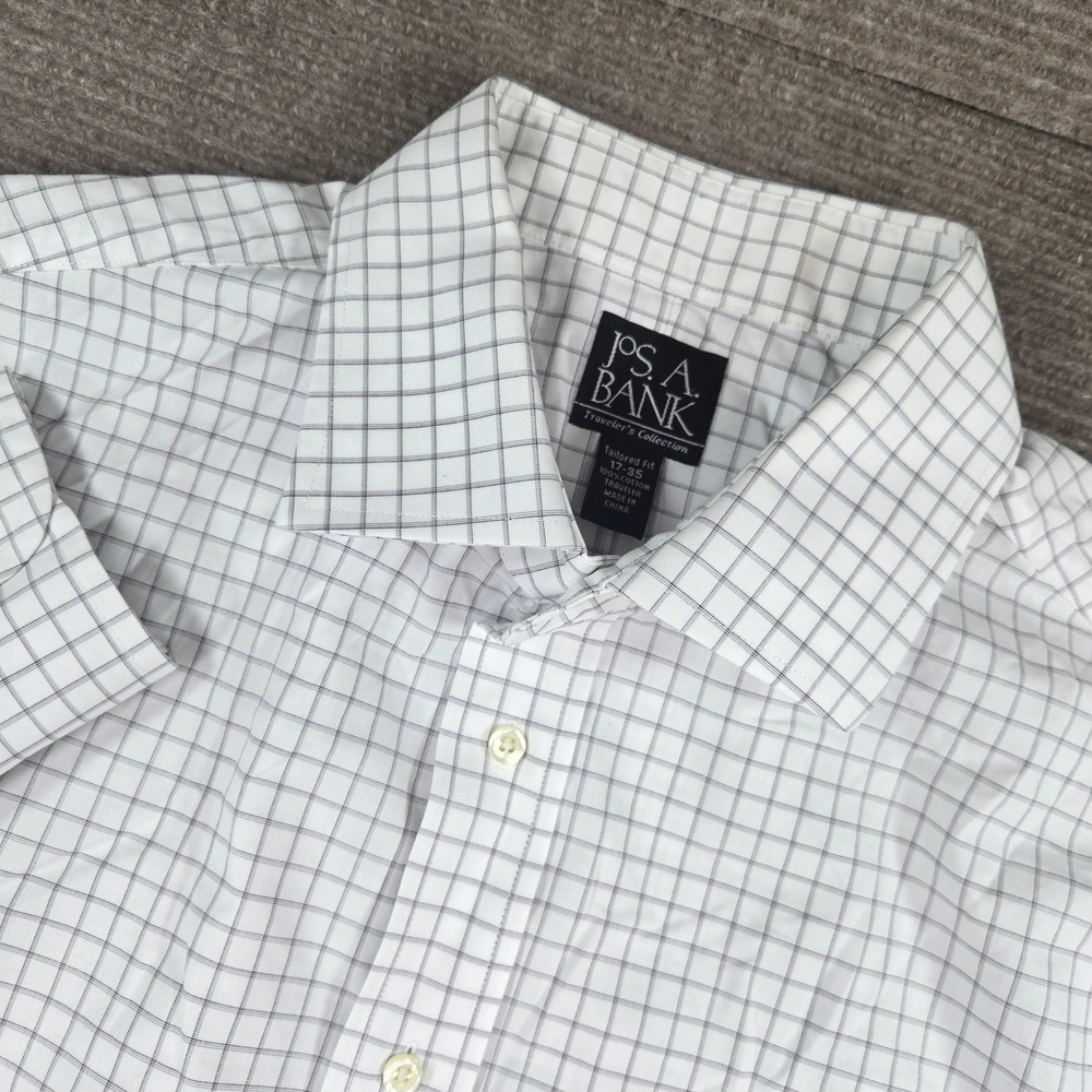 Jos. A. Bank Mens 17-35 White Blue Graph Check Tailored Fit Button Down Shirt